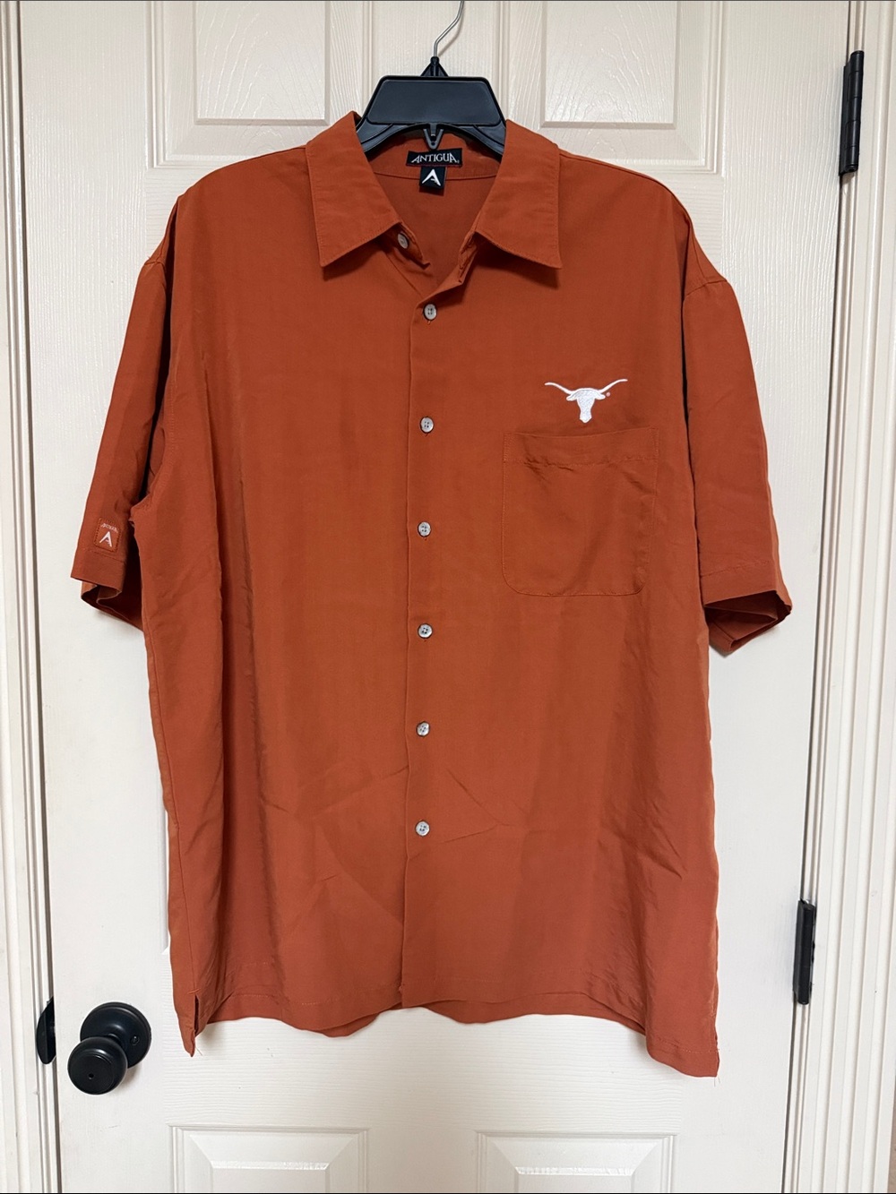 Antigua Men's Short-Sleeve Button-Up in Texas Burnt Orange with White Logo